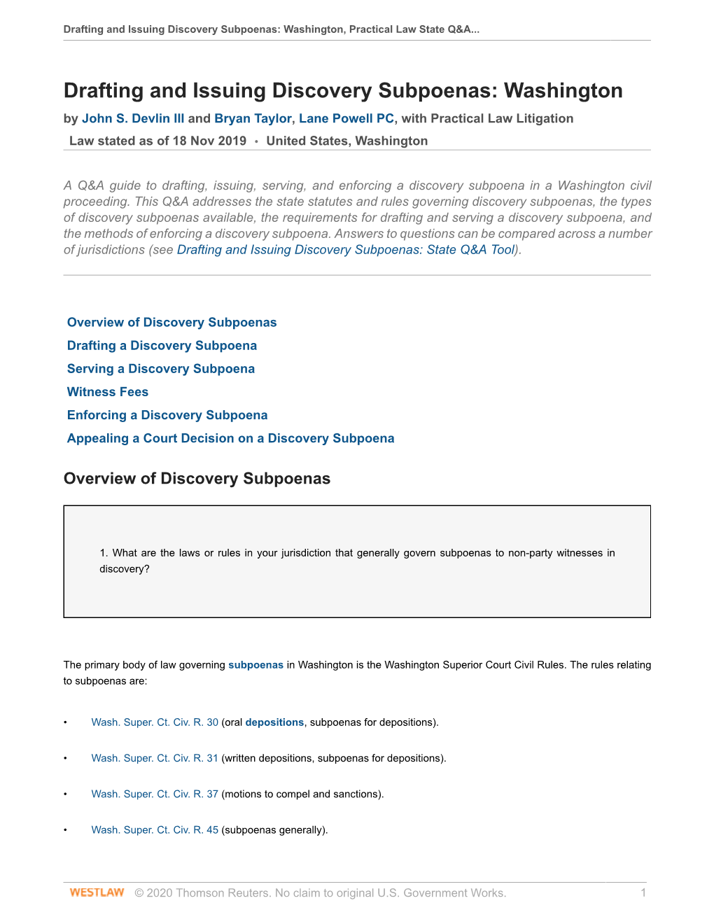 Drafting and Issuing Discovery Subpoenas: Washington, Practical Law State Q&A