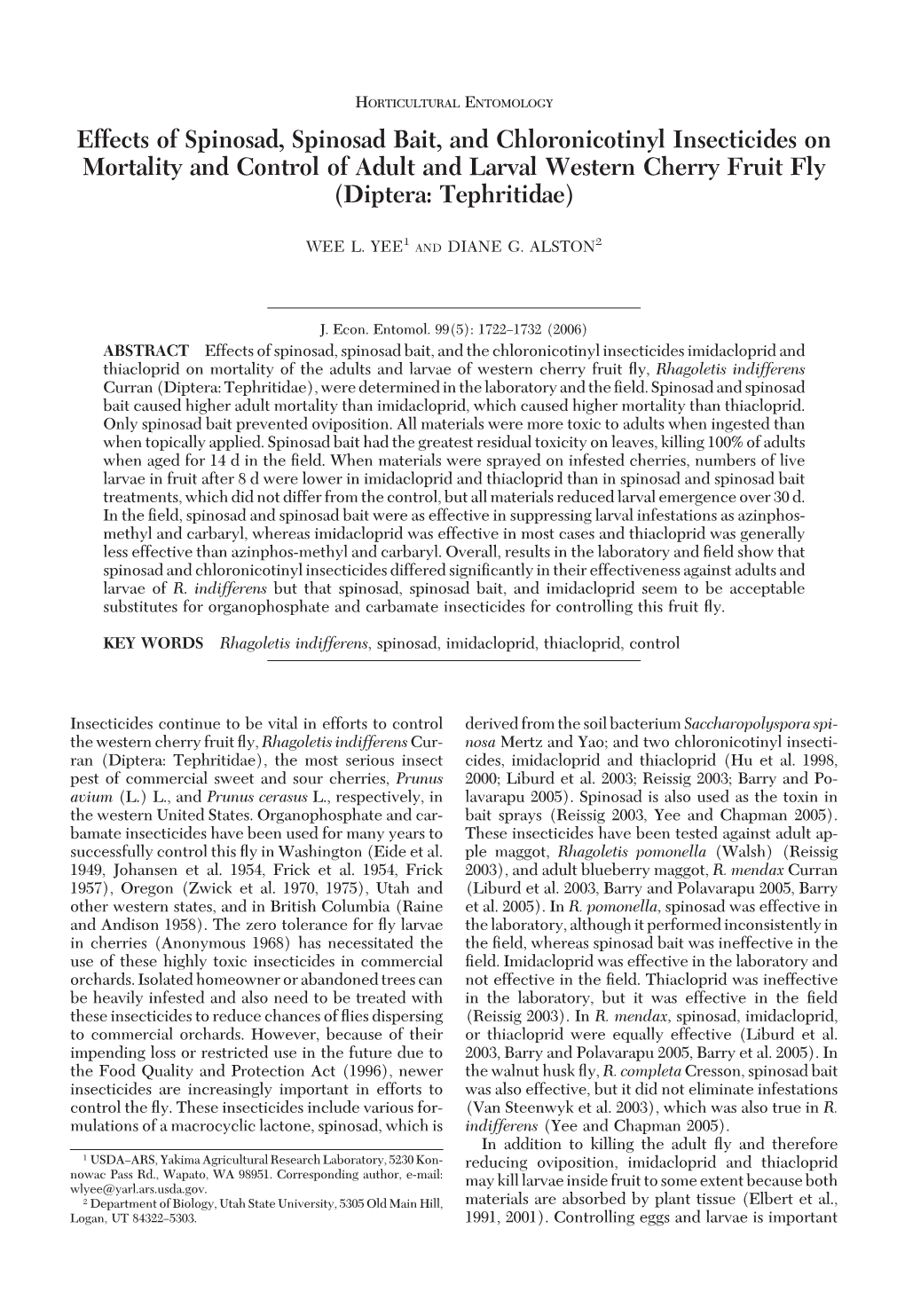 Effects of Spinosad, Spinosad Bait, and Chloronicotinyl Insecticides on Mortality and Control of Adult and Larval Western Cherry Fruit Fly (Diptera: Tephritidae)