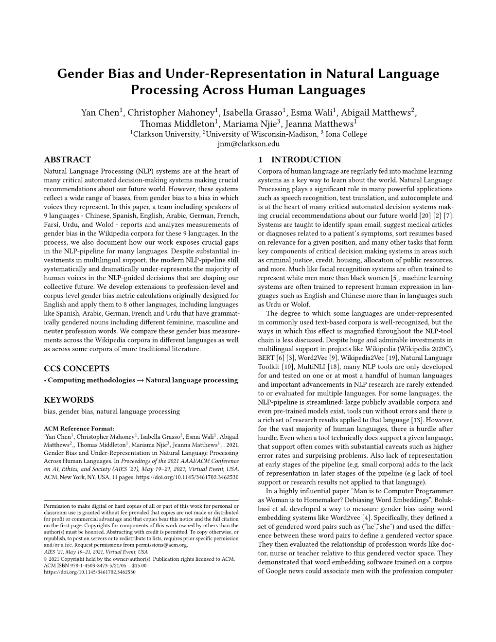 Gender Bias and Under-Representation in Natural Language Processing Across Human Languages