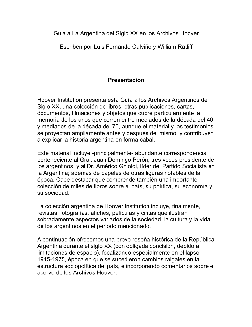Guia a La Argentina Del Siglo XX En Los Archivos Hoover