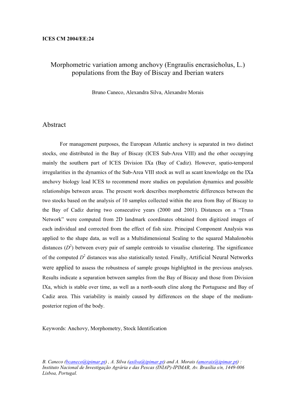 Morphometric Variation Among Anchovy (Engraulis Encrasicholus, L.) Populations from the Bay of Biscay and Iberian Waters