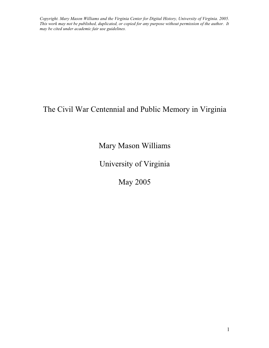 Mary Mason Williams, "The Civil War Centennial and Public Memory In