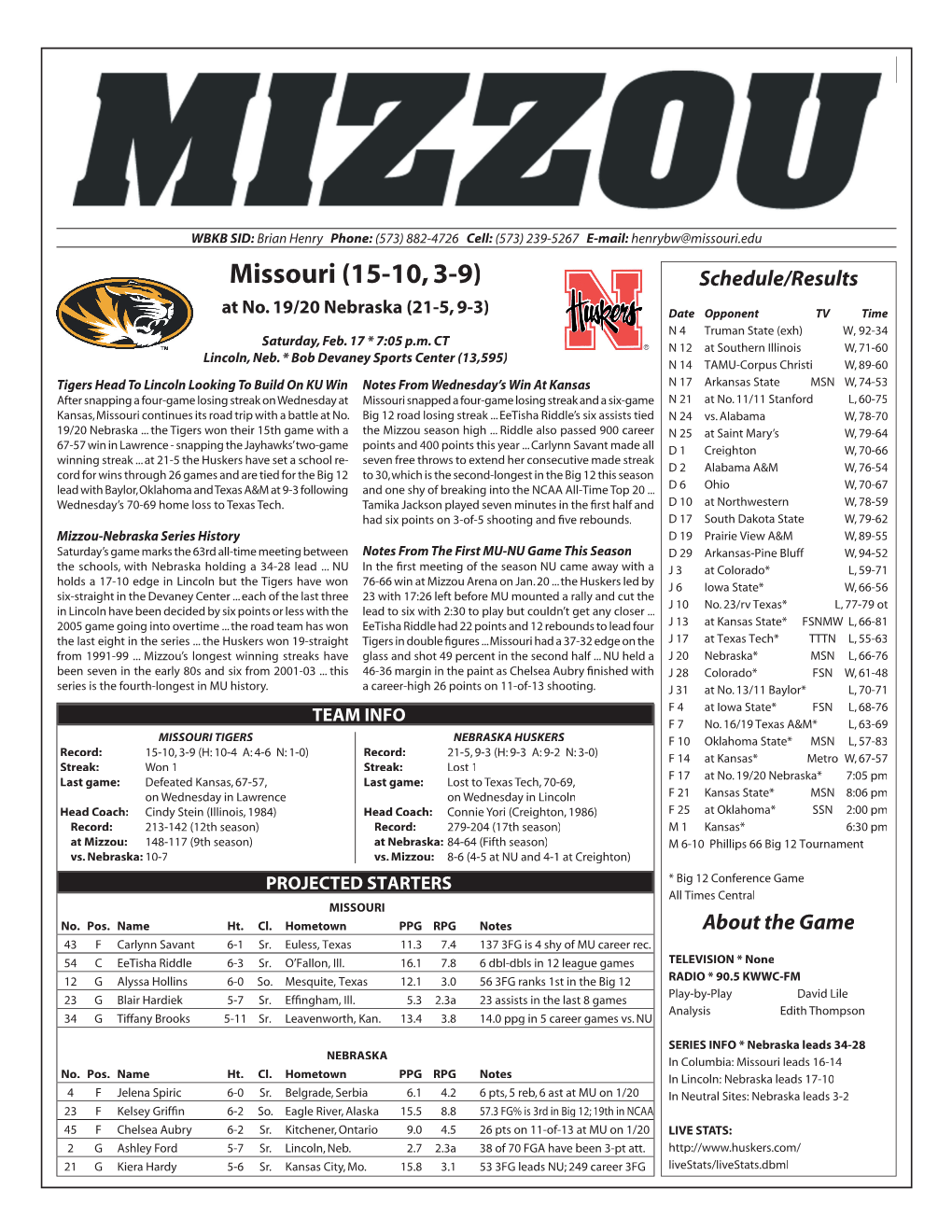 Missouri (15-10, 3-9) Schedule/Results