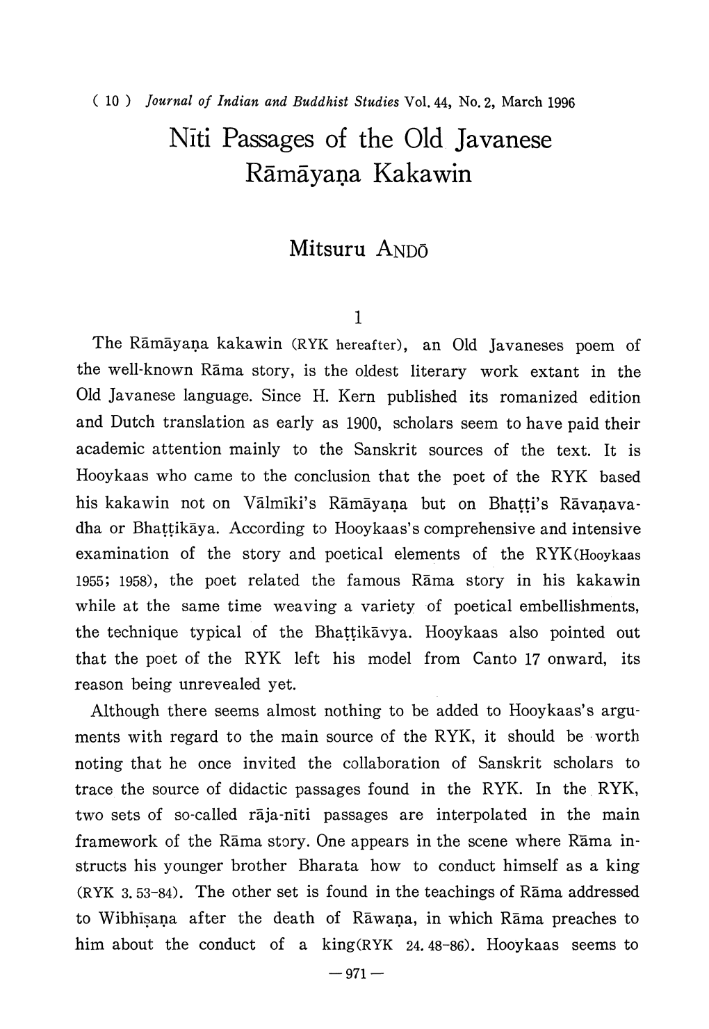 Niti Passages of the Old. Javanese Ramayaia Kakawin