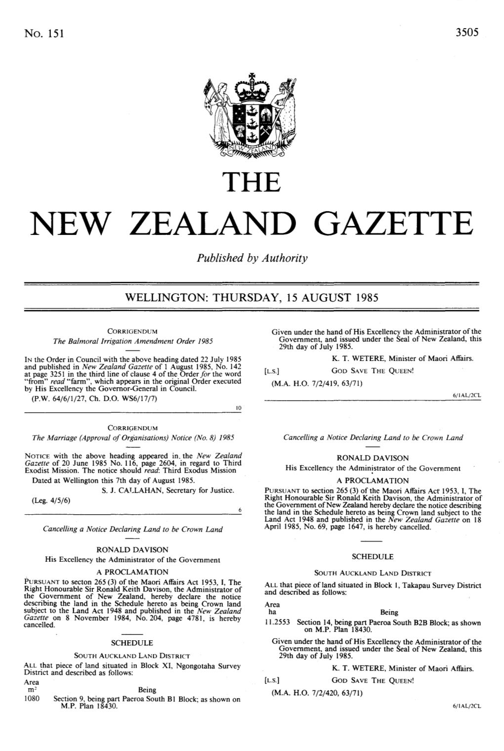 NEW ZEALAND GAZETTE Published by Authority