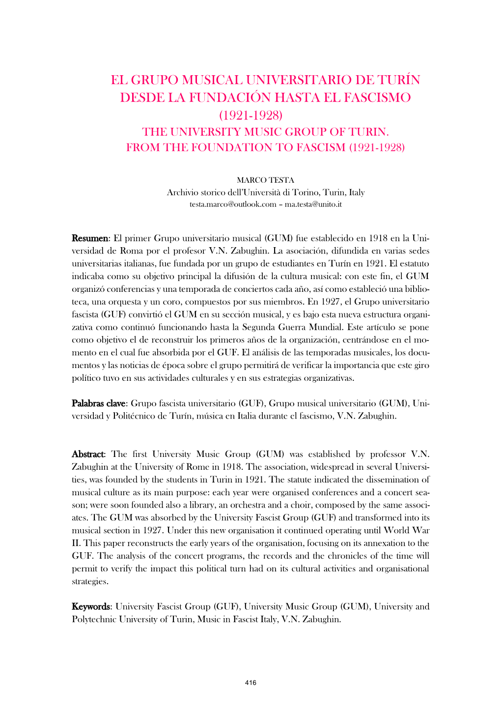 El Grupo Musical Universitario De Turín Desde La Fundación Hasta El Fascismo (1921-1928) the University Music Group of Turin