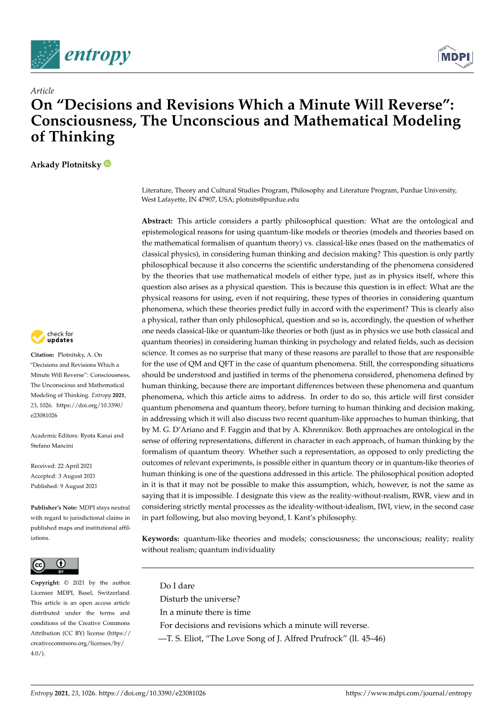 Consciousness, the Unconscious and Mathematical Modeling of Thinking