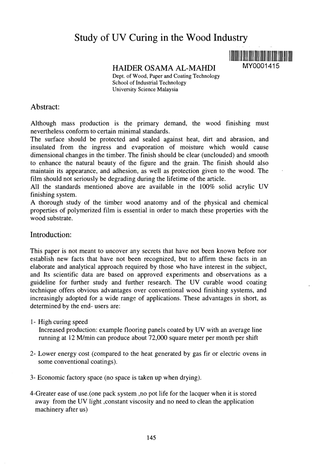 Study of UV Curing in the Wood Industry