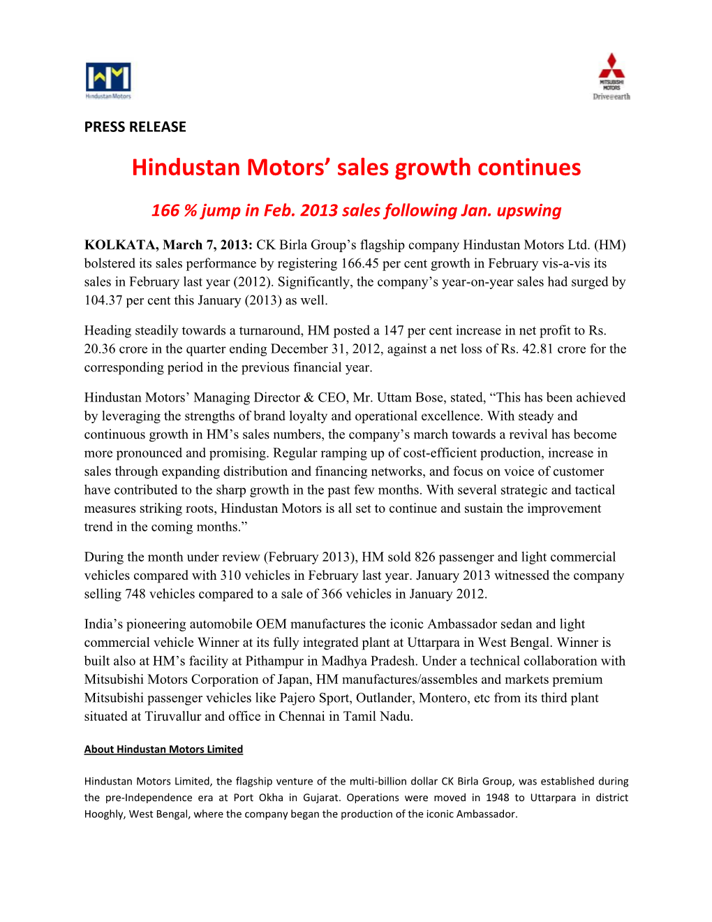 Hindustan Motors' Sales Growth Continues, Kolkata, March 07
