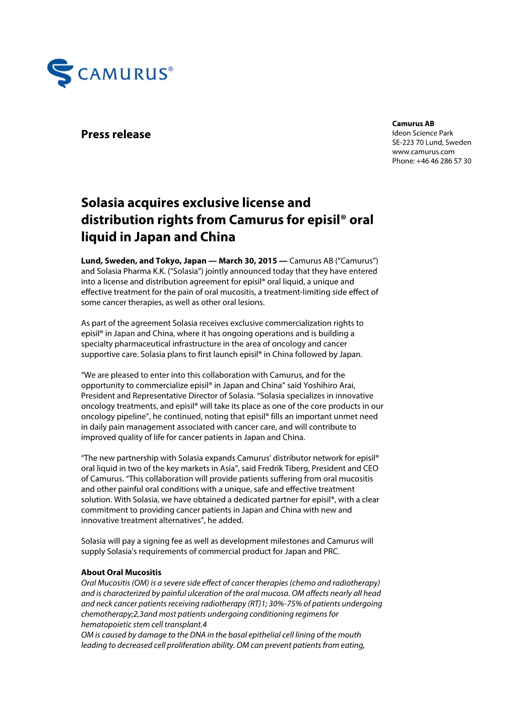 Solasia Acquires Exclusive License and Distribution Rights from Camurus for Episil® Oral Liquid in Japan and China