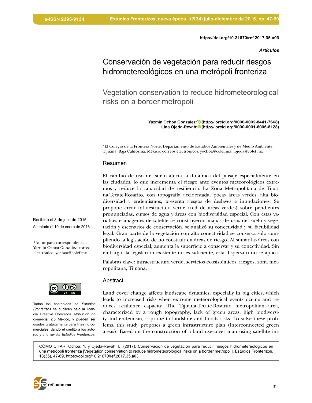 Conservación De Vegetación Para Reducir Riesgos Hidrometereológicos En Una Metrópoli Fronteriza