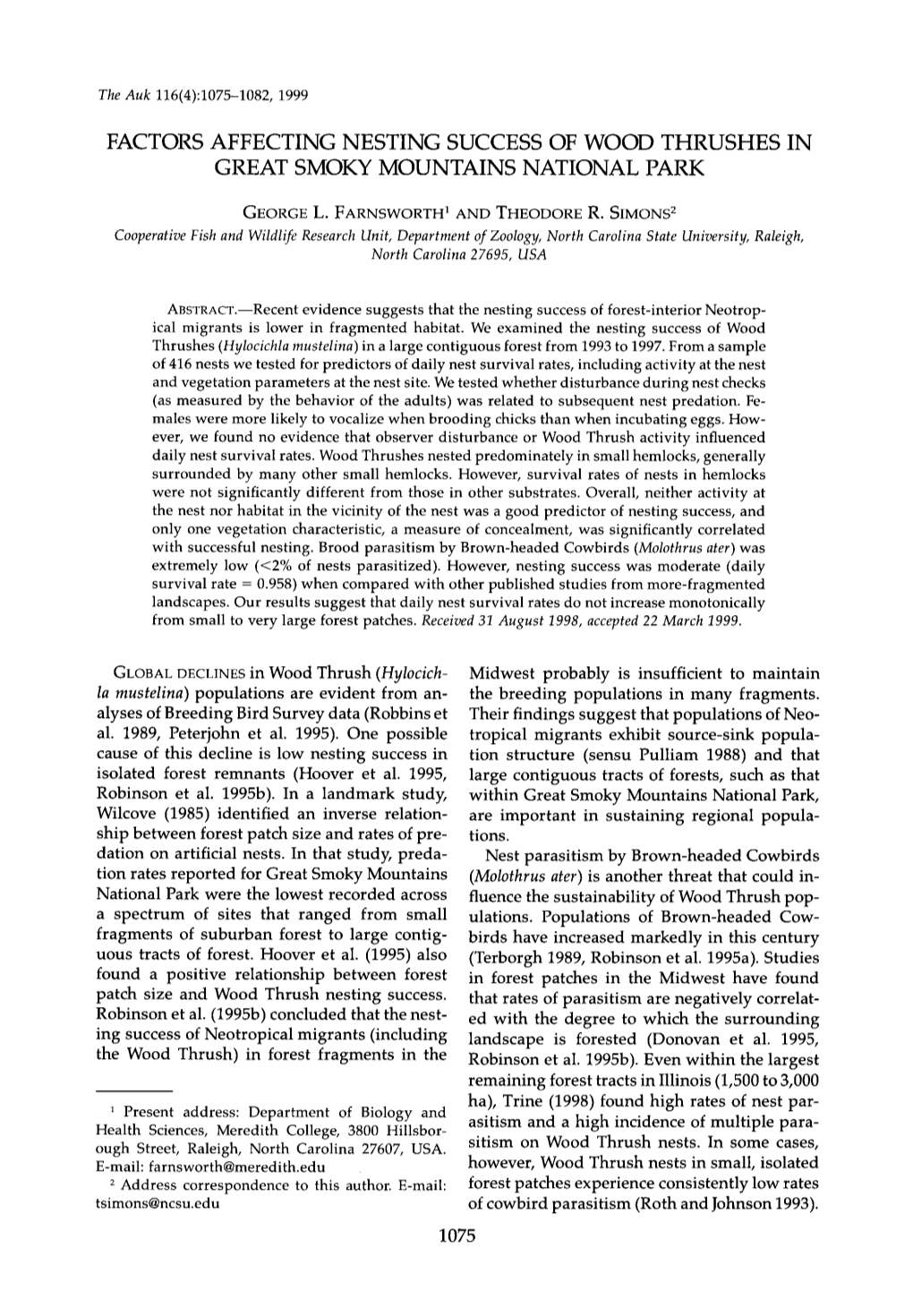 Factors Affecting Nesting Success of Wood Thrushes in Great Smoky Mountains National Park