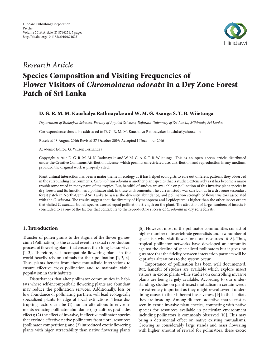 Species Composition and Visiting Frequencies of Flower Visitors of Chromolaena Odorata in a Dry Zone Forest Patch of Sri Lanka