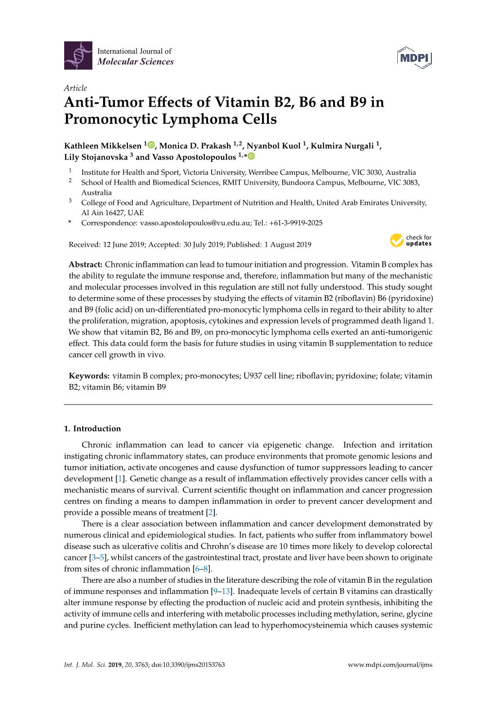 Anti-Tumor Effects of Vitamin B2, B6 and B9 in Promonocytic Lymphoma Cells