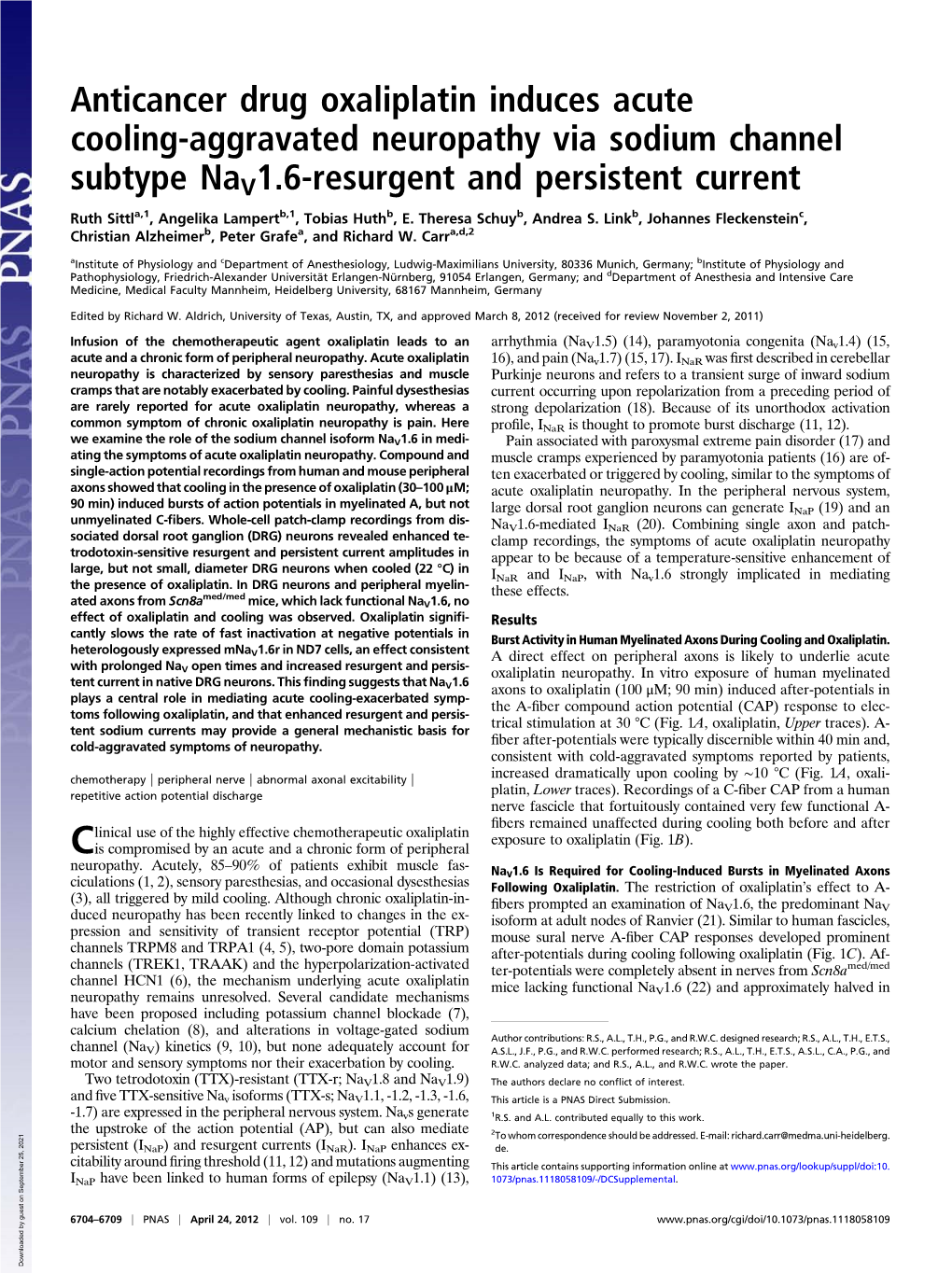 Anticancer Drug Oxaliplatin Induces Acute Cooling-Aggravated