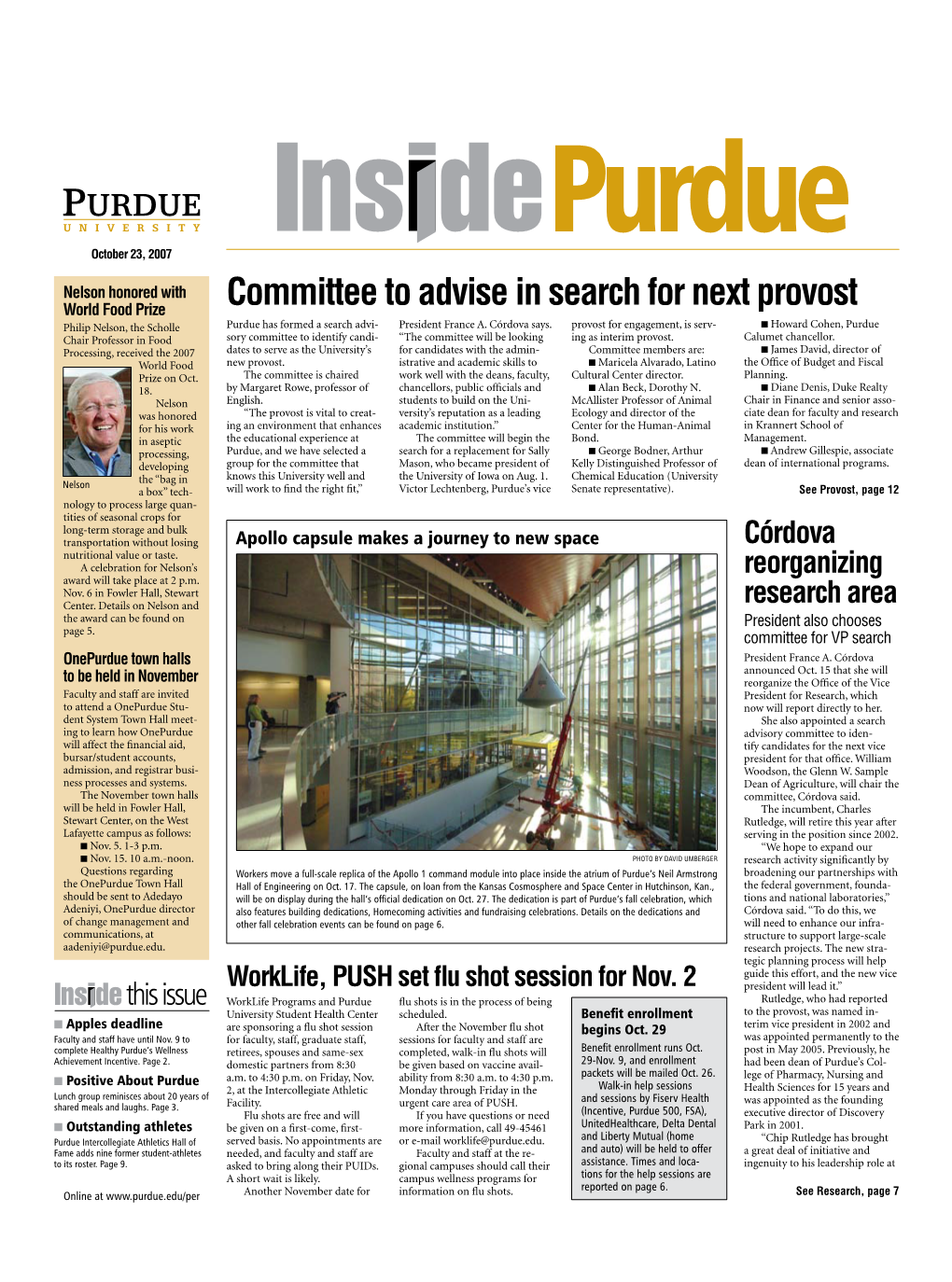 Committee to Advise in Search for Next Provost Philip Nelson, the Scholle Purdue Has Formed a Search Advi- President France A