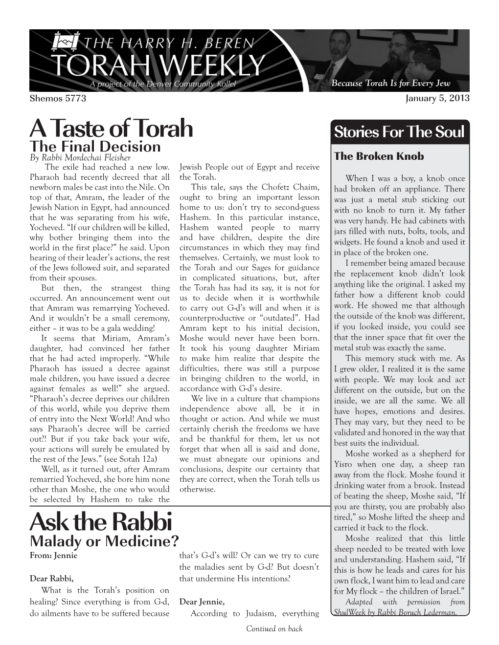 A Taste of Torah Ask the Rabbi