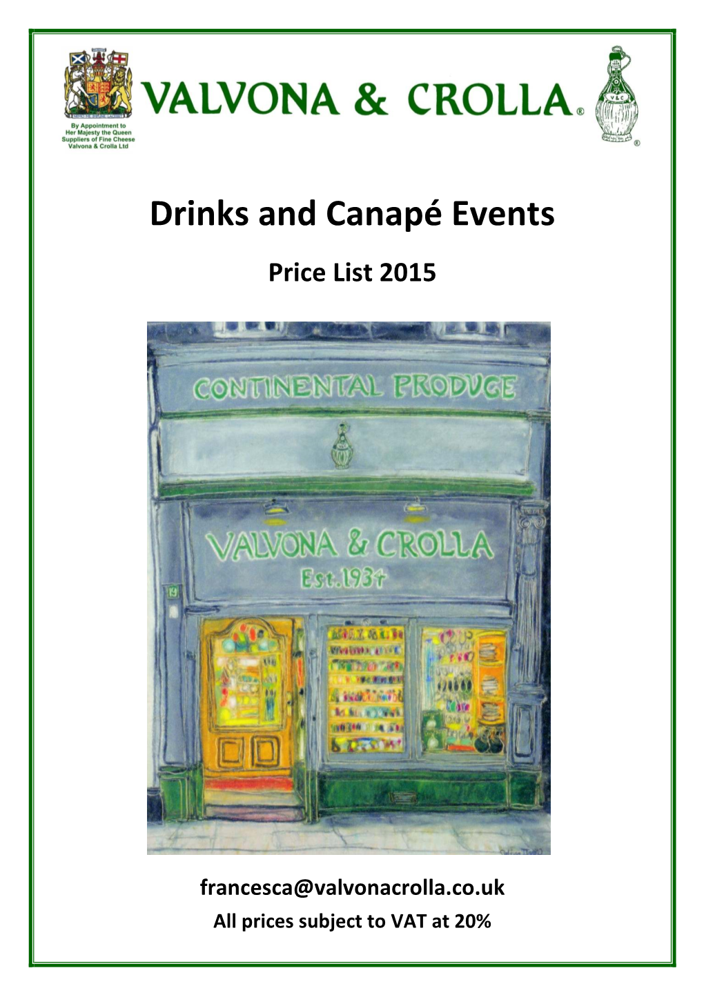 Drinks and Canapé Events Price List 2015