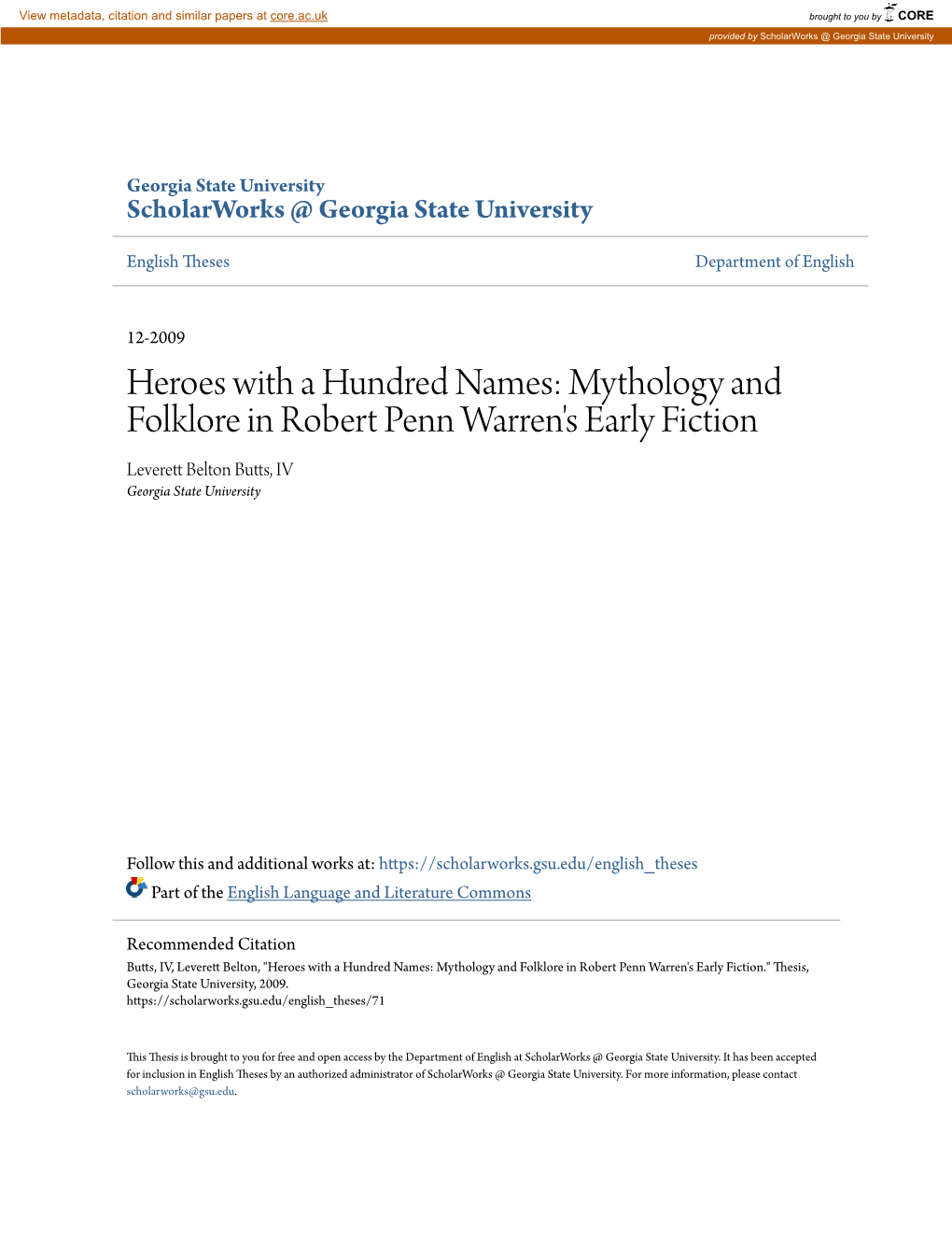 Mythology and Folklore in Robert Penn Warren's Early Fiction Leverett Belton Butts, IV Georgia State University