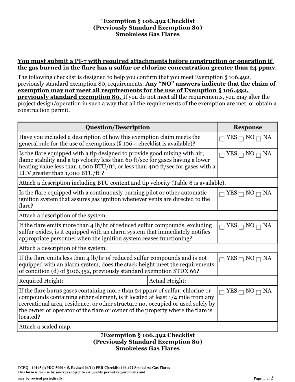 TCEQ Exemption § 106.492 Checklist (Previously Standard Exemption 80) Smokeless Gas Flares