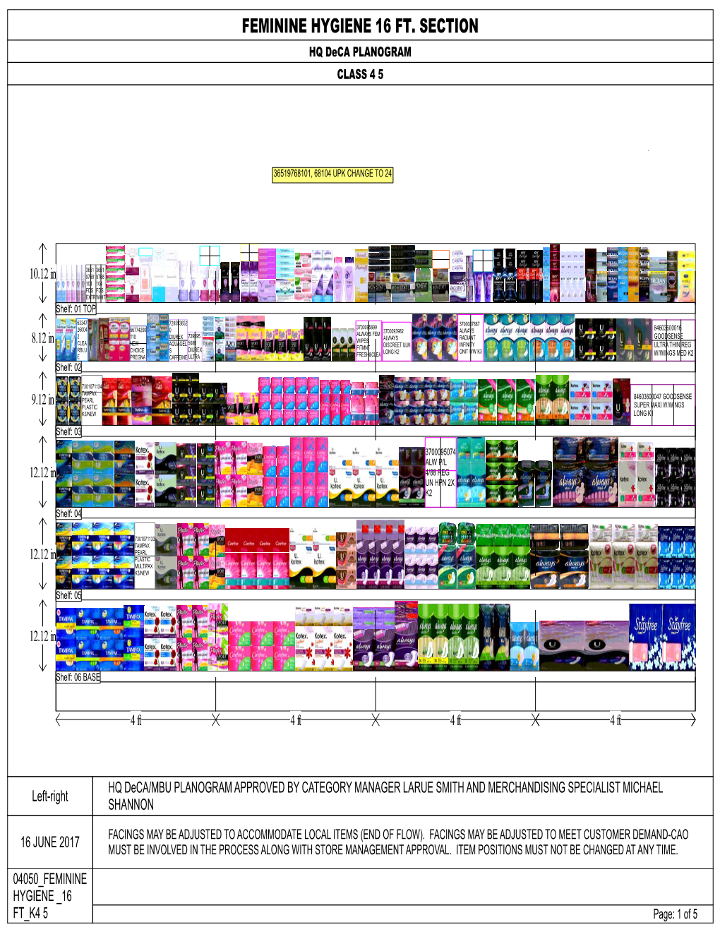 FEMININE HYGIENE 16 FT. SECTION HQ Deca PLANOGRAM CLASS 4 5