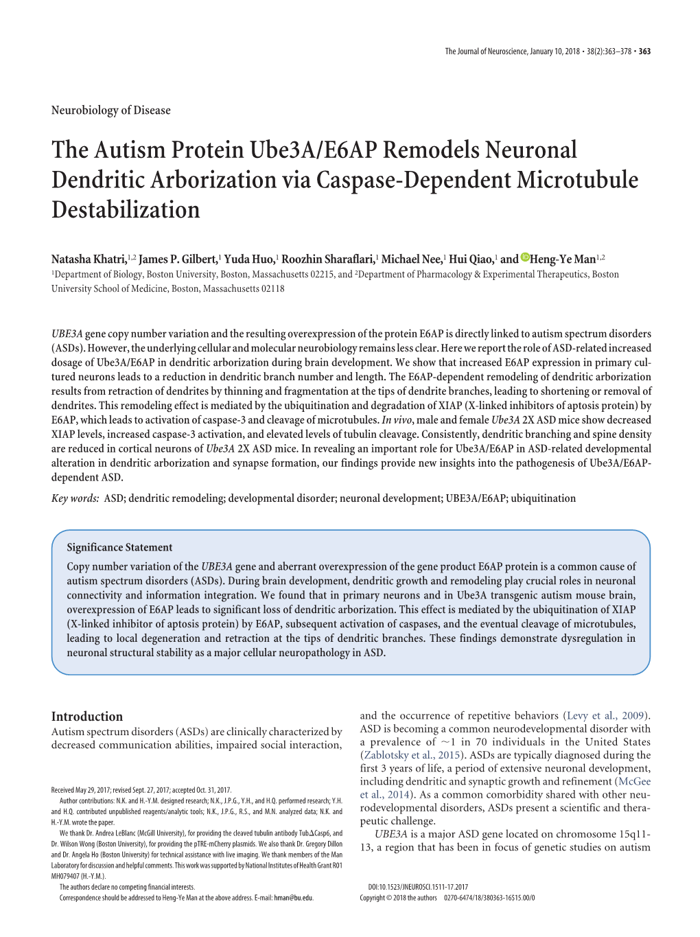 The Autism Protein Ube3a/E6AP Remodels Neuronal Dendritic Arborization Via Caspase-Dependent Microtubule Destabilization