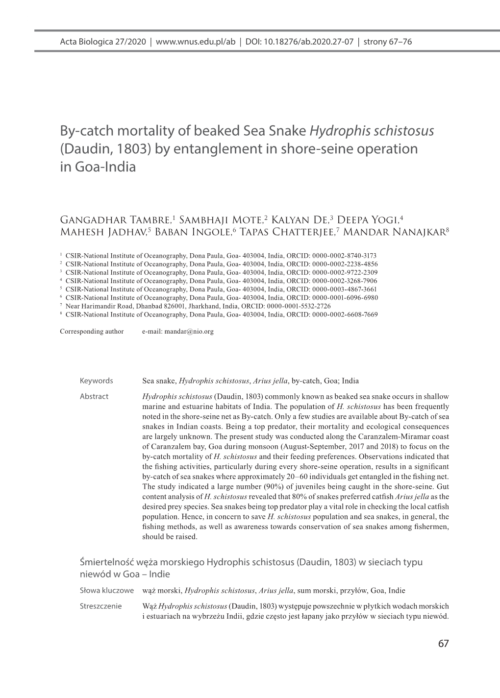 By-Catch Mortality of Beaked Sea Snake Hydrophis Schistosus (Daudin, 1803) by Entanglement in Shore-Seine Operation in Goa-India