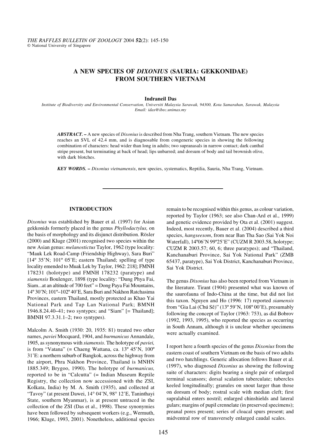 145 a New Species of Dixonius (Sauria: Gekkonidae