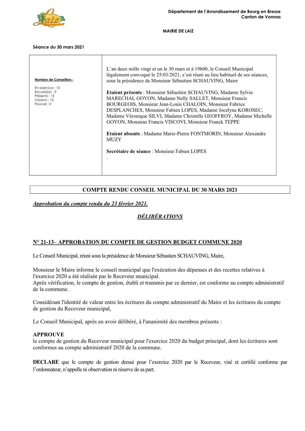 Compte Rendu Conseil Municipal Du 30 Mars 2021