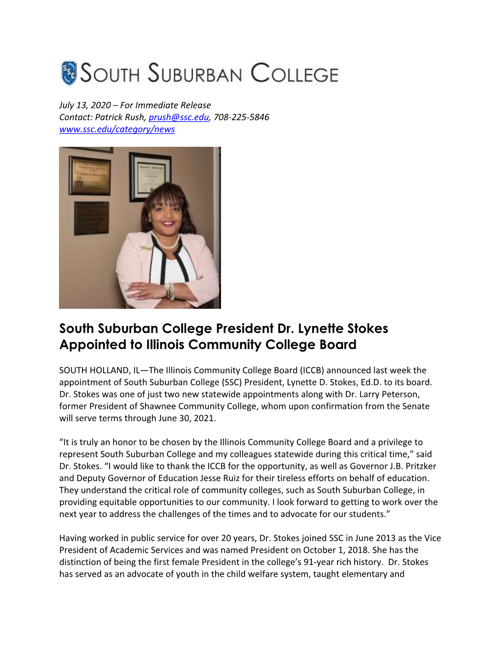 South Suburban College President Dr. Lynette Stokes Appointed to Illinois Community College Board