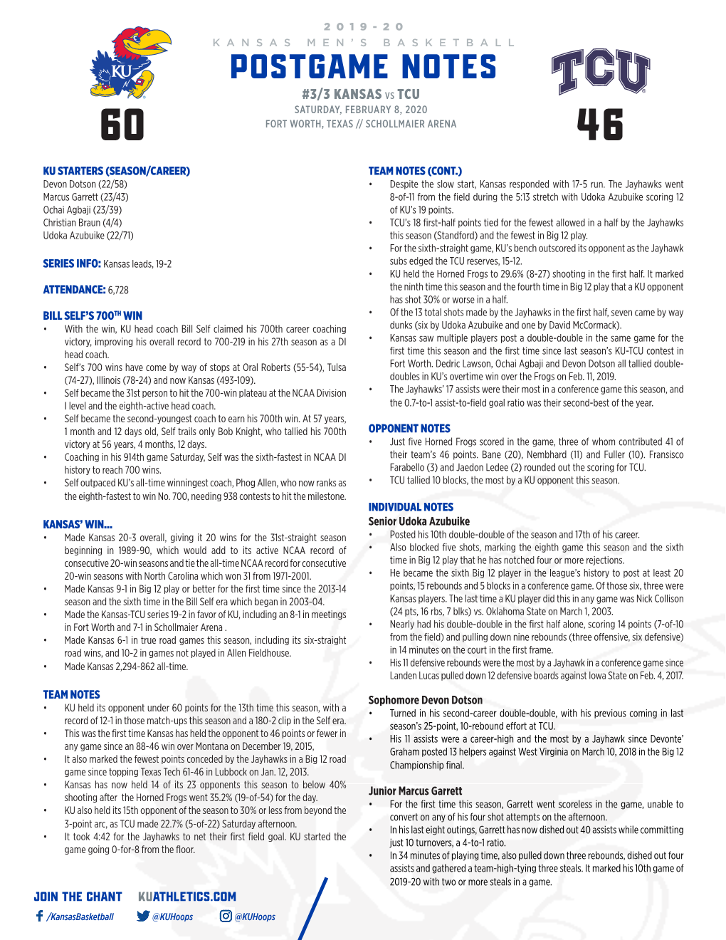 Postgame Notes #3/3 Kansas Vs Tcu Saturday, February 8, 2020 60 Fort Worth, Texas // Schollmaier Arena 46