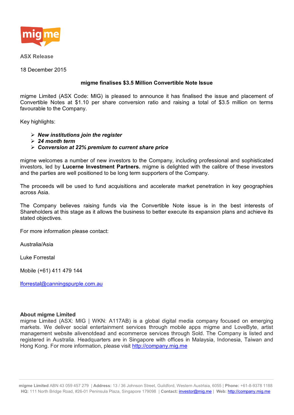 ASX Release 18 December 2015 Migme Finalises $3.5 Million