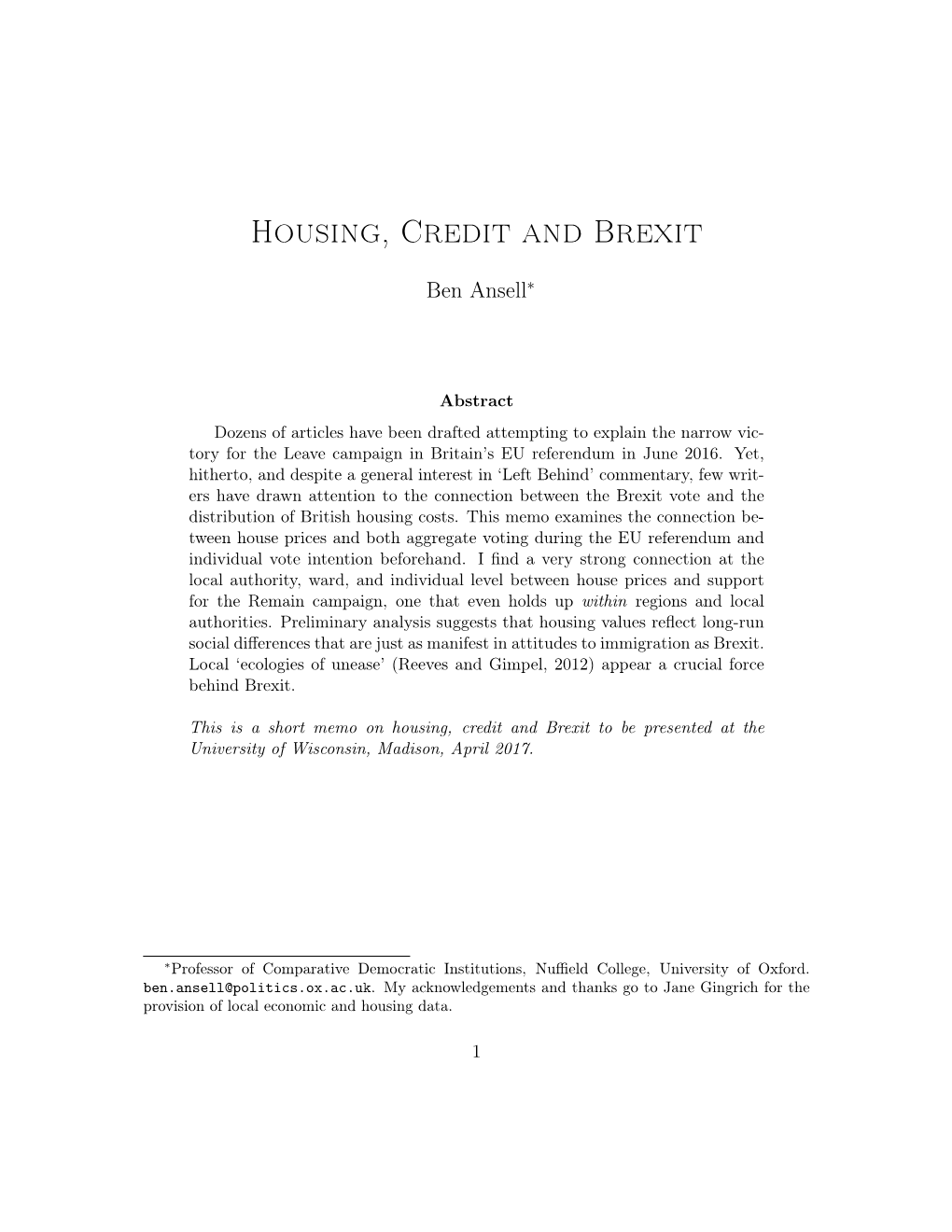 Housing, Credit and Brexit