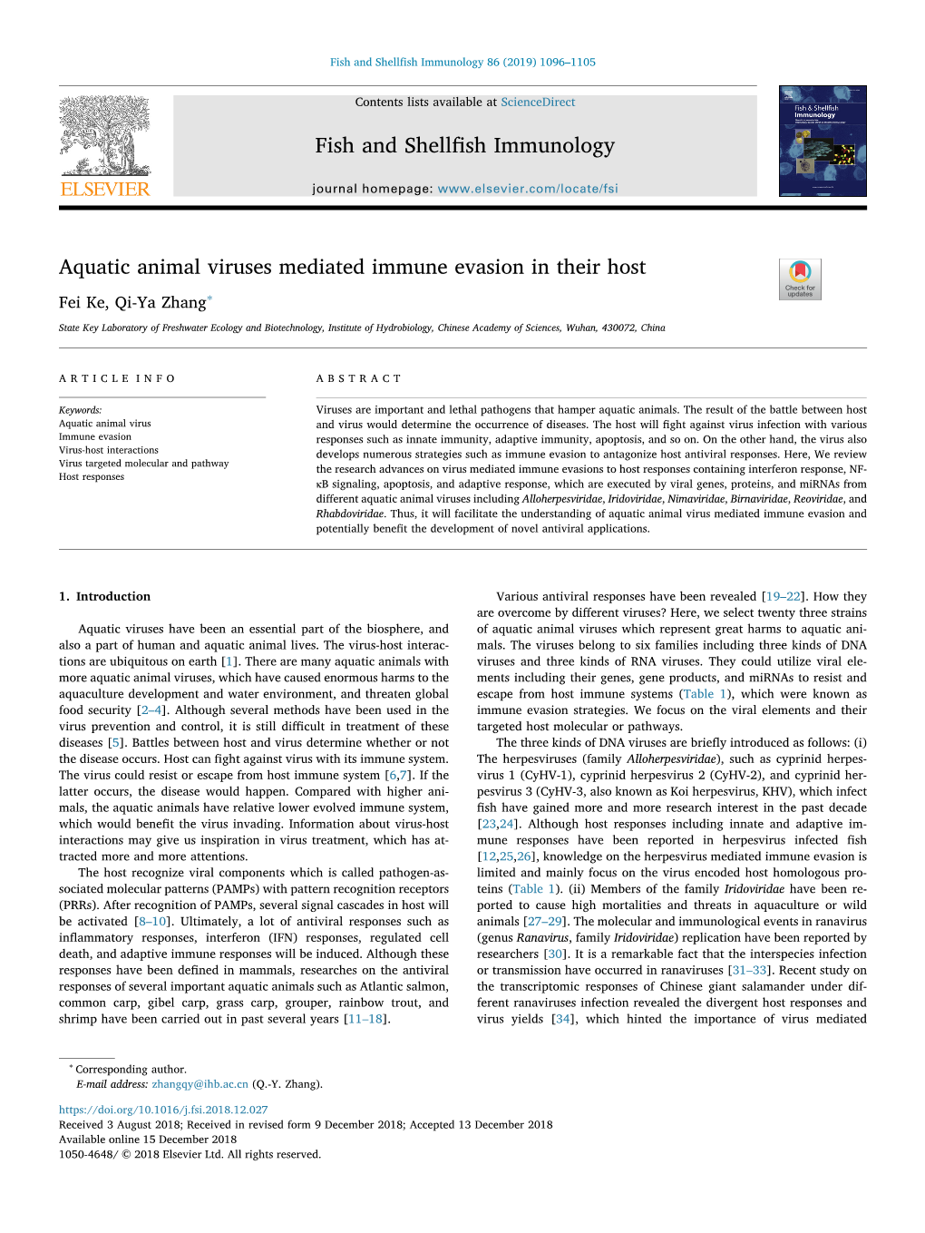 Aquatic Animal Viruses Mediated Immune Evasion in Their Host T ∗ Fei Ke, Qi-Ya Zhang