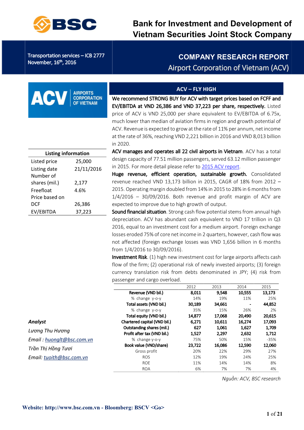 Bank for Investment and Development of Vietnam Securities Joint Stock Company Airport Corporation of Vietnam (ACV)