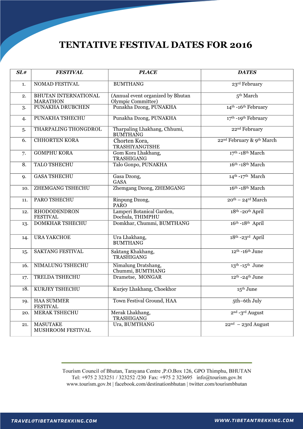 Tentative Festival Dates for 2016