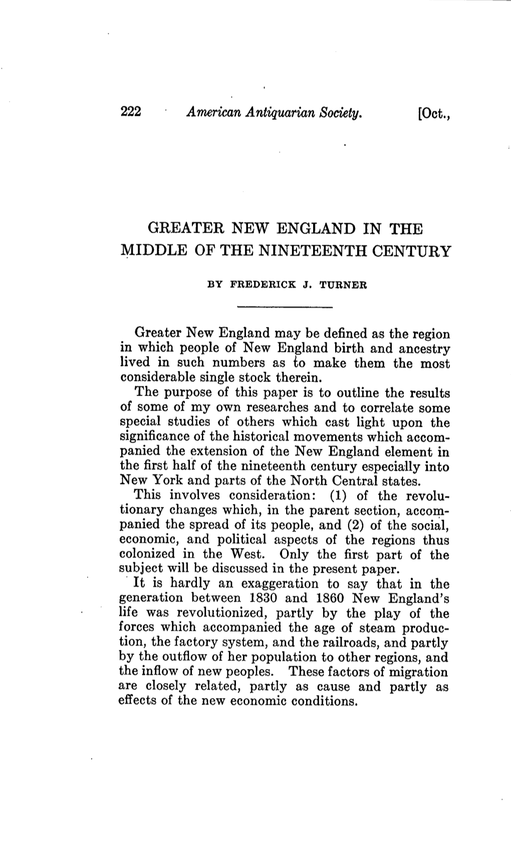 Greater New England in the Middle of the Nineteenth Century