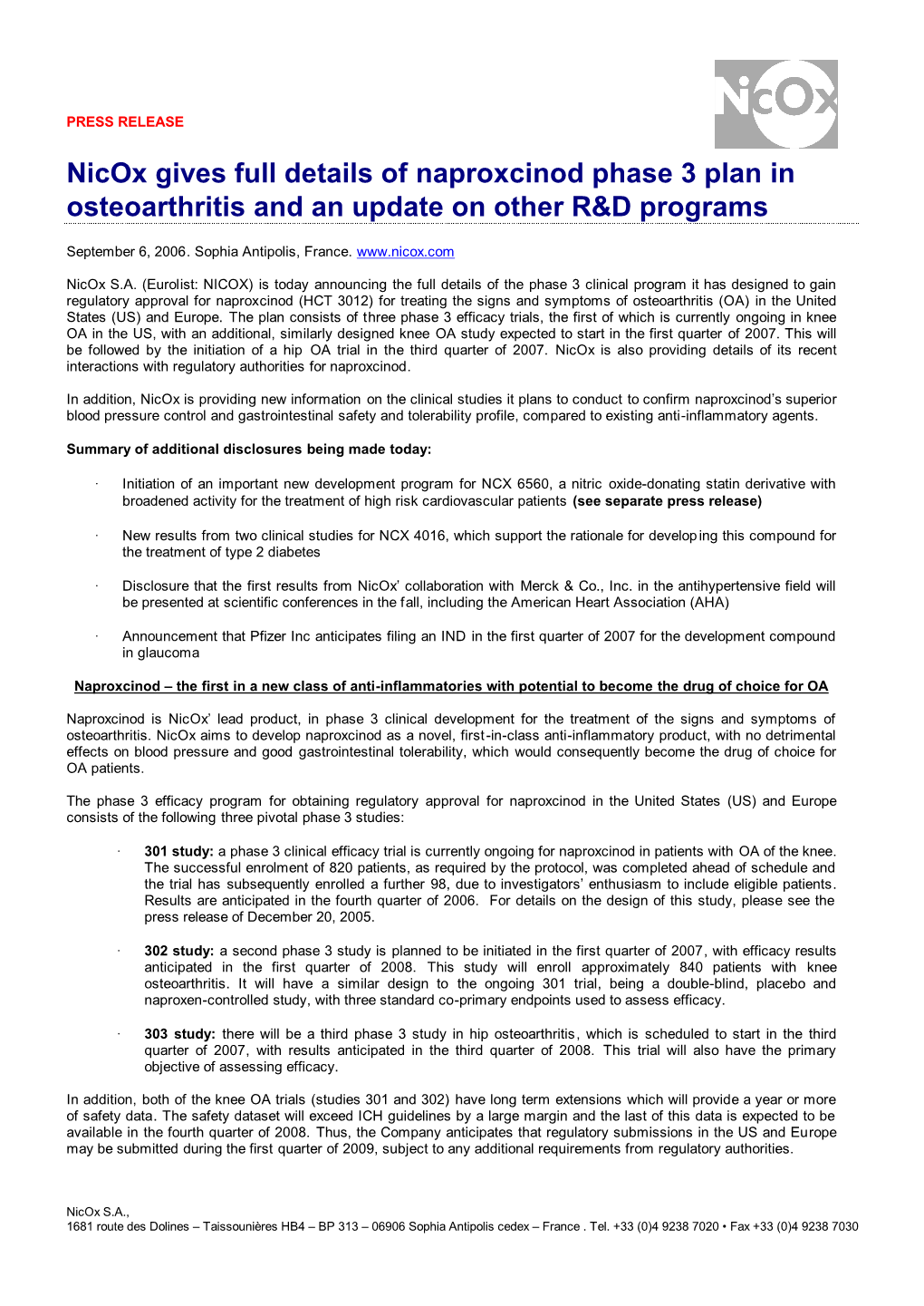 Nicox Gives Full Details of Naproxcinod Phase 3 Plan in Osteoarthritis and an Update on Other R&D Programs