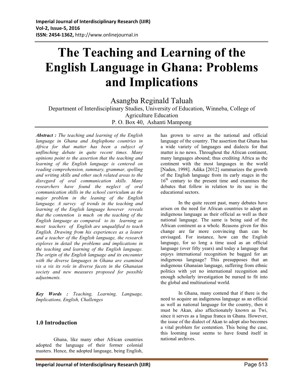 The Teaching and Learning of the English Language in Ghana: Problems and Implications