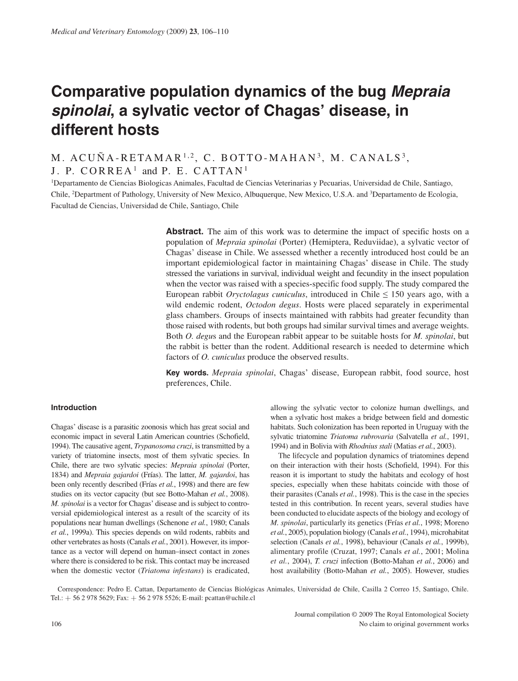 Comparative Population Dynamics of the Bug Mepraia Spinolai, a Sylvatic