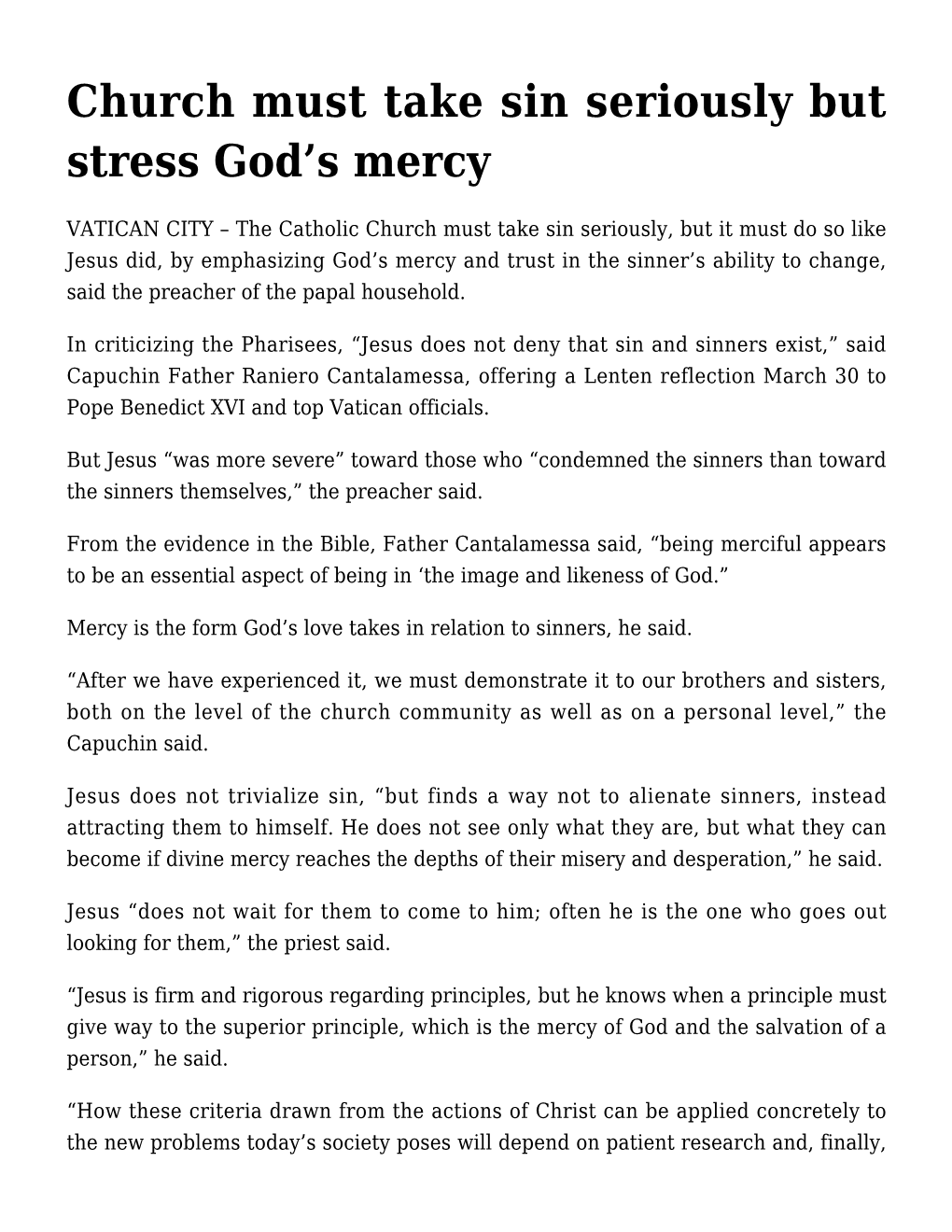 Church Must Take Sin Seriously but Stress God's Mercy