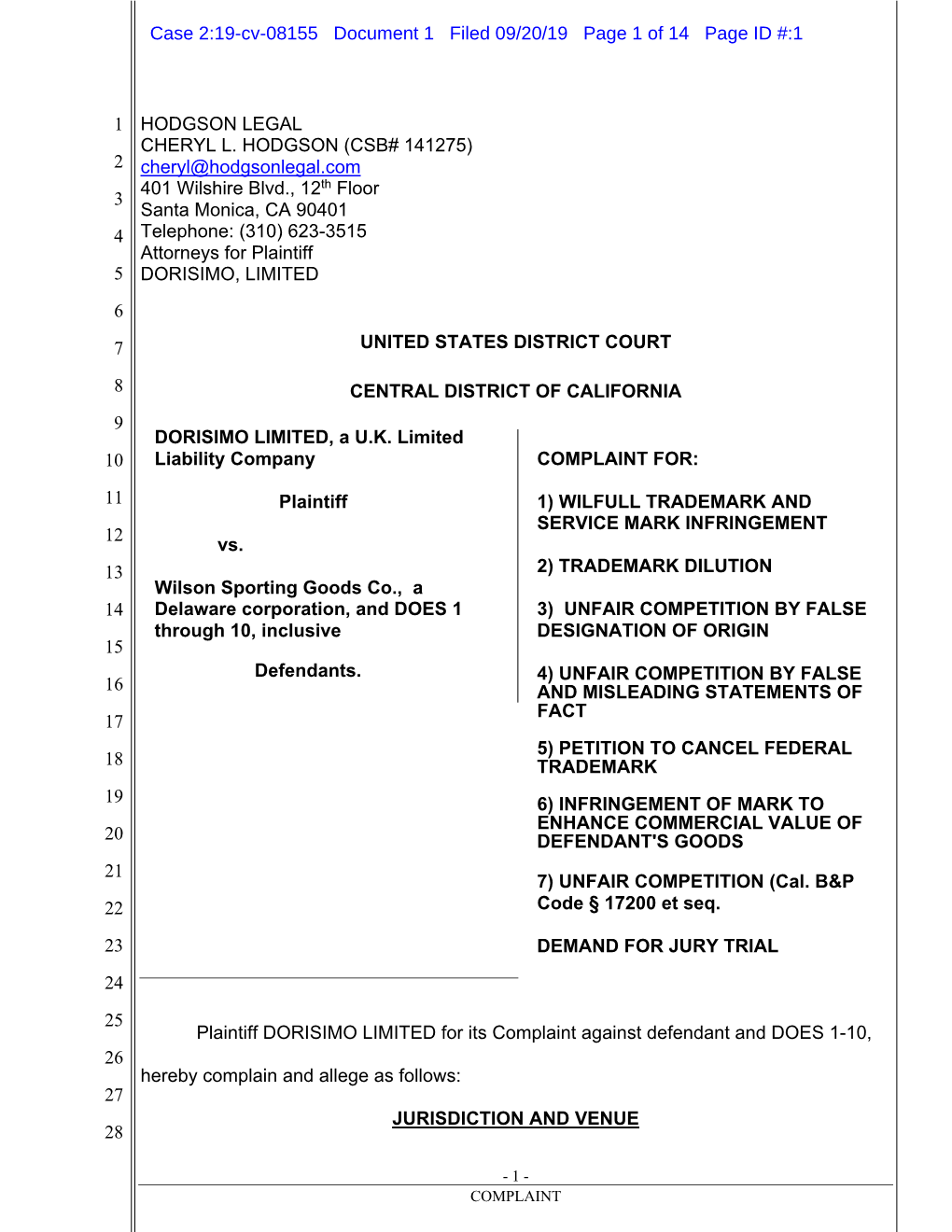 Case 2:19-Cv-08155 Document 1 Filed 09/20/19 Page 1 of 14 Page ID #:1