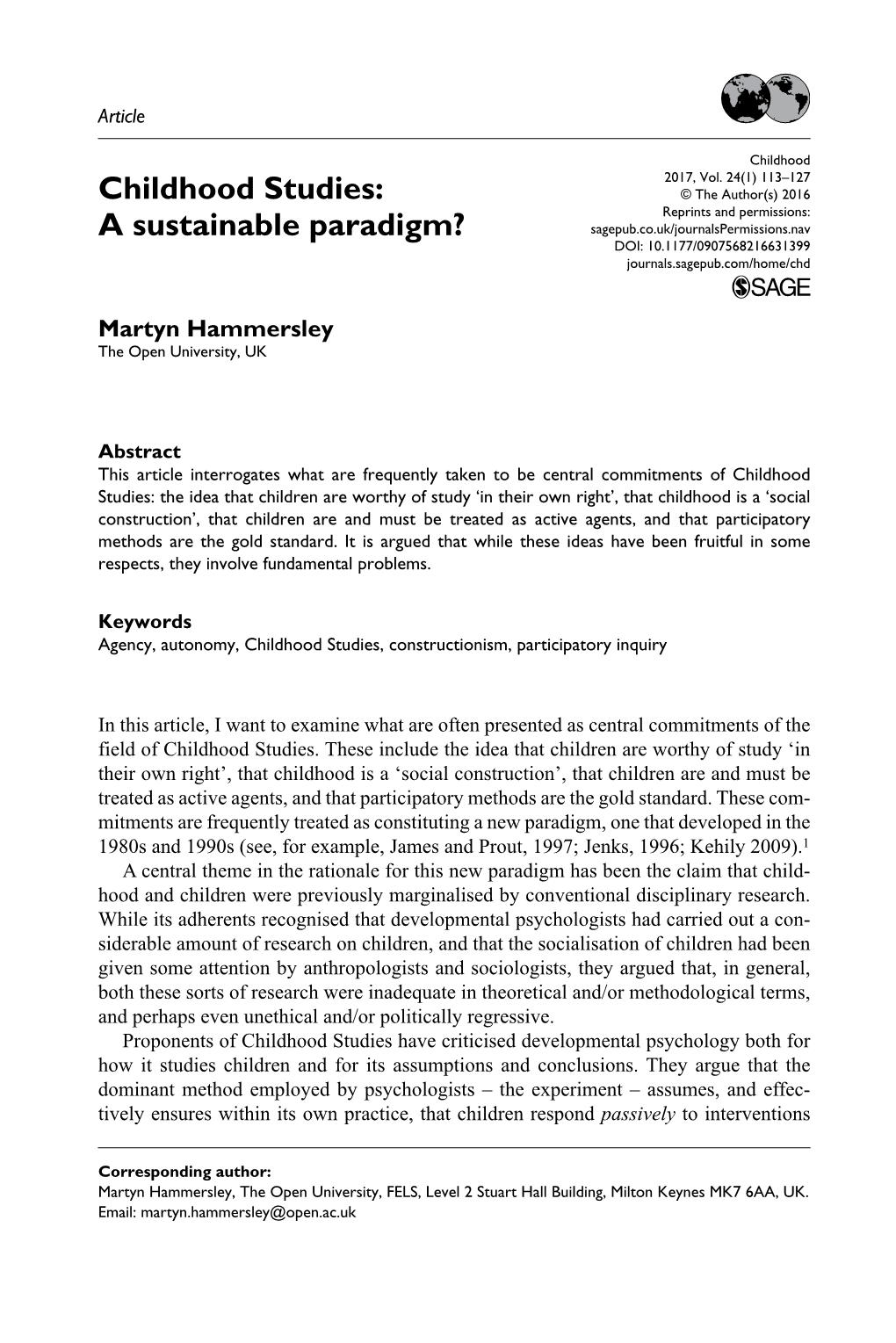 Childhood Studies: a Sustainable Paradigm?