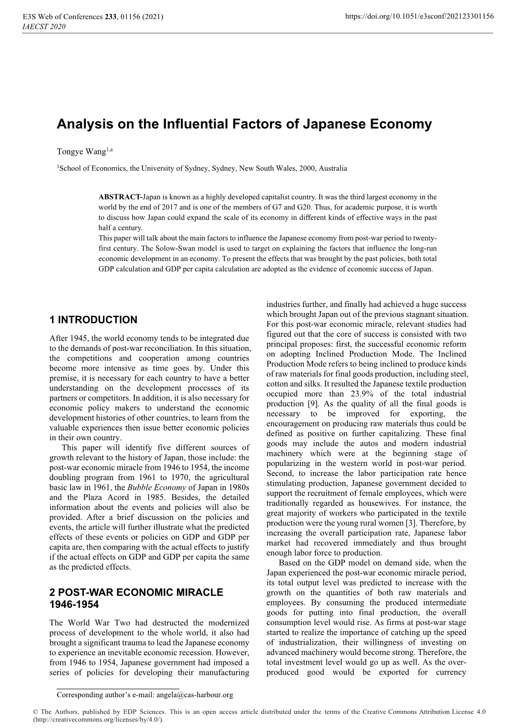 Analysis on the Influential Factors of Japanese Economy