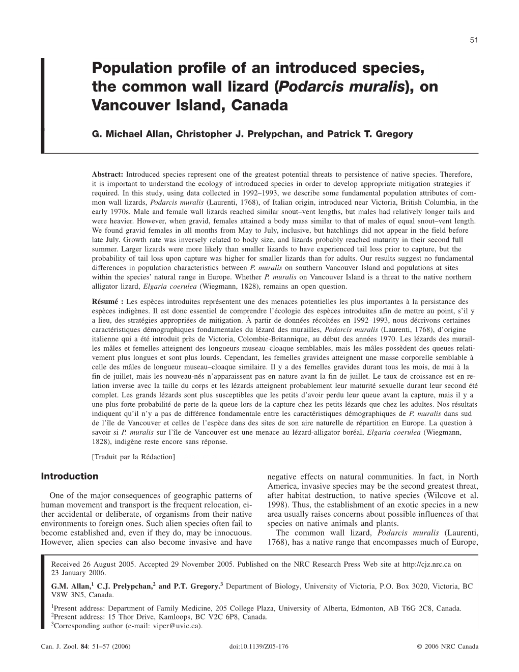 Population Profile of an Introduced Species, the Common Wall Lizard (Podarcis Muralis), on Vancouver Island, Canada