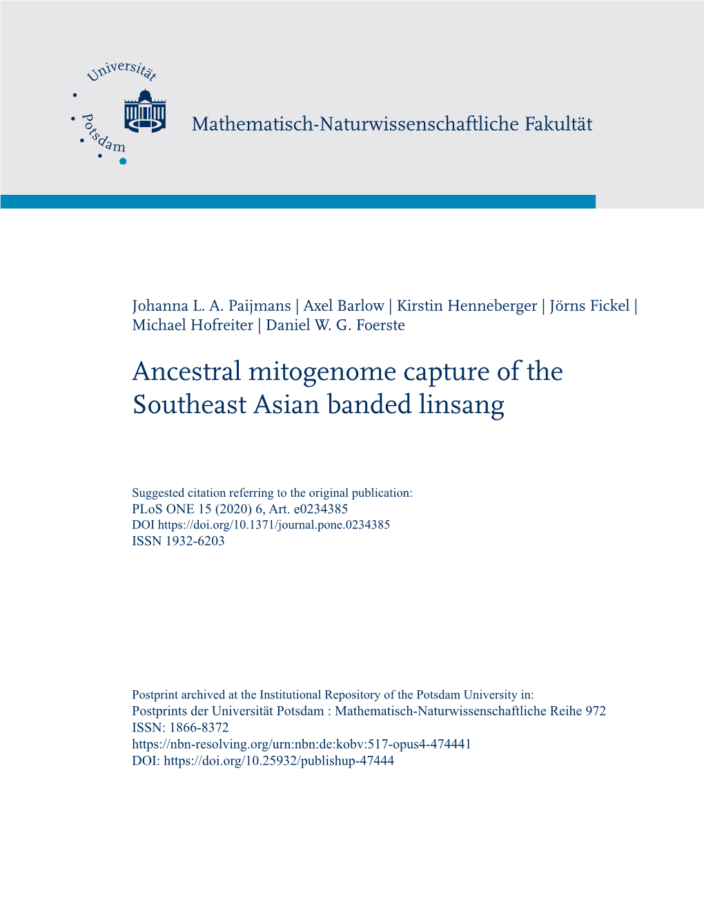 Ancestral Mitogenome Capture of the Southeast Asian Banded Linsang