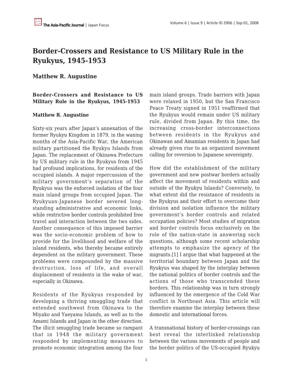 Border-Crossers and Resistance to US Military Rule in the Ryukyus, 1945-1953