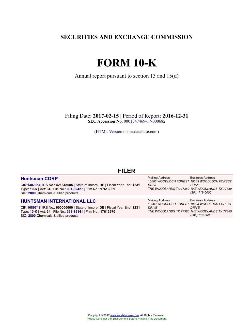 Huntsman CORP Form 10-K Annual Report Filed 2017-02-15