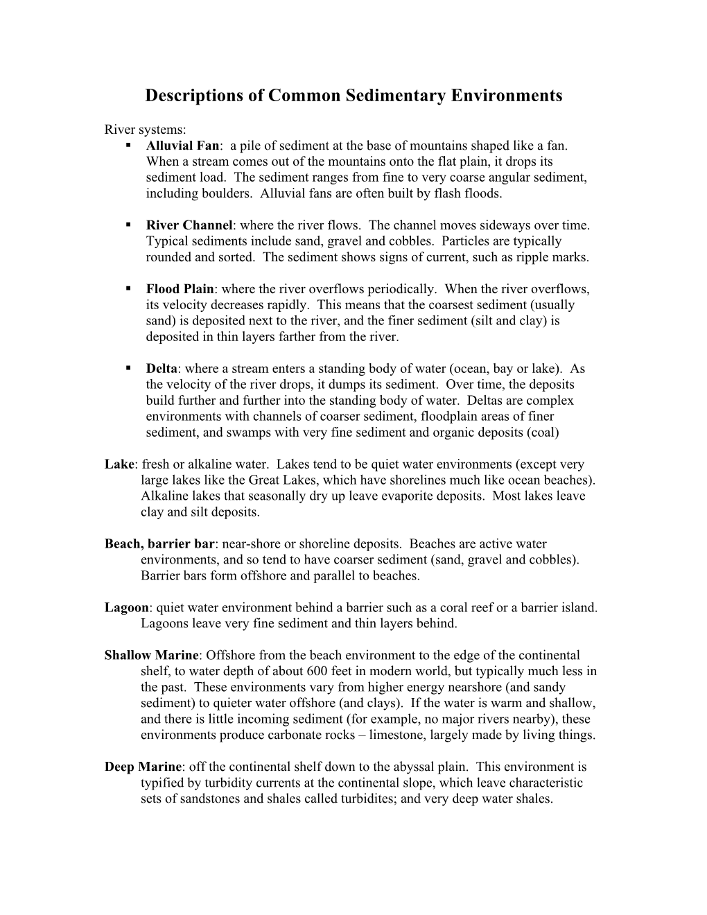 Descriptions of Common Sedimentary Environments