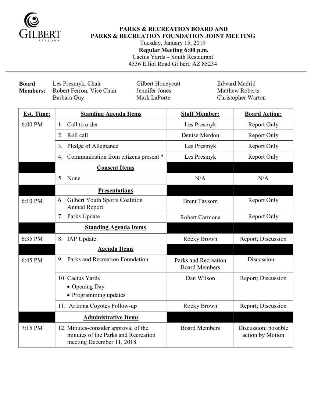 Joint Meeting Board & Parks and Recreation Foundation